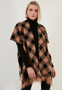 LELA Poncho - Camel/Black -Stijl Verkoop 2fc37fbad64843f384138bd844a0d18e