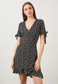 LELA Floral V Neck Ruffle Detail Mini- Jurk - Black