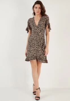 LELA Floral V Neck Ruffle Detail Mini- Jurk - Leopard