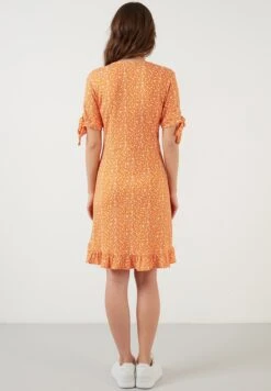 LELA Floral V Neck Ruffle Detail Mini- Jurk - Orange Color -Stijl Verkoop c392a72506e54ecd8bec749e5787e383